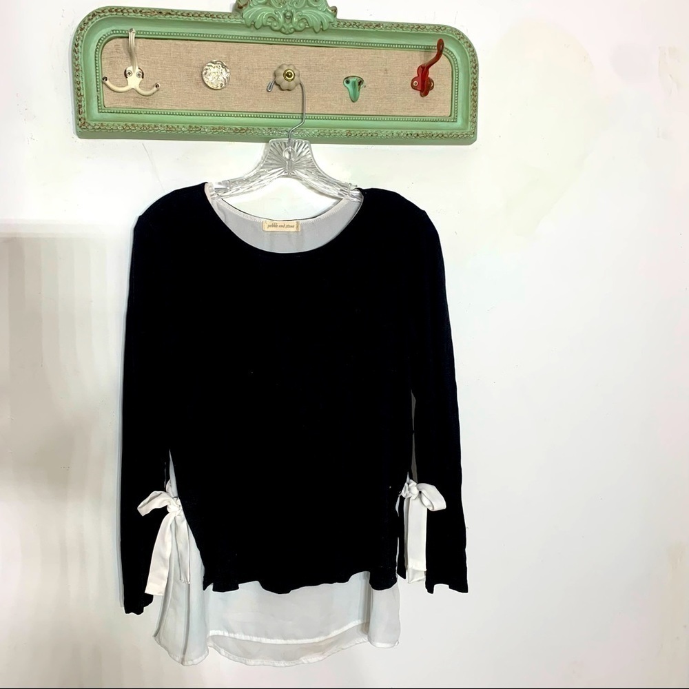 Pebble & stone layered look black white side tie pullover shirt long sleeve